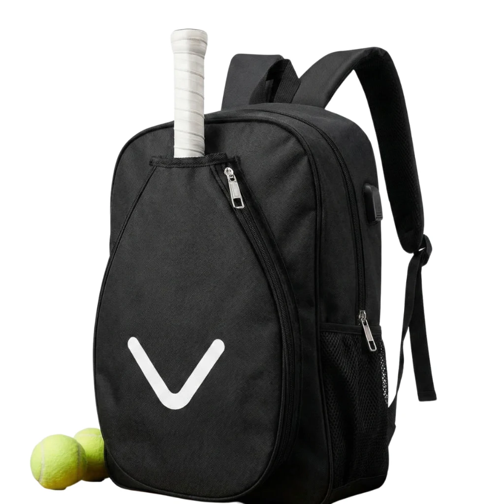 Bolsa preta: bolso frontal para raquete, zíper principal e bolso lateral em tela