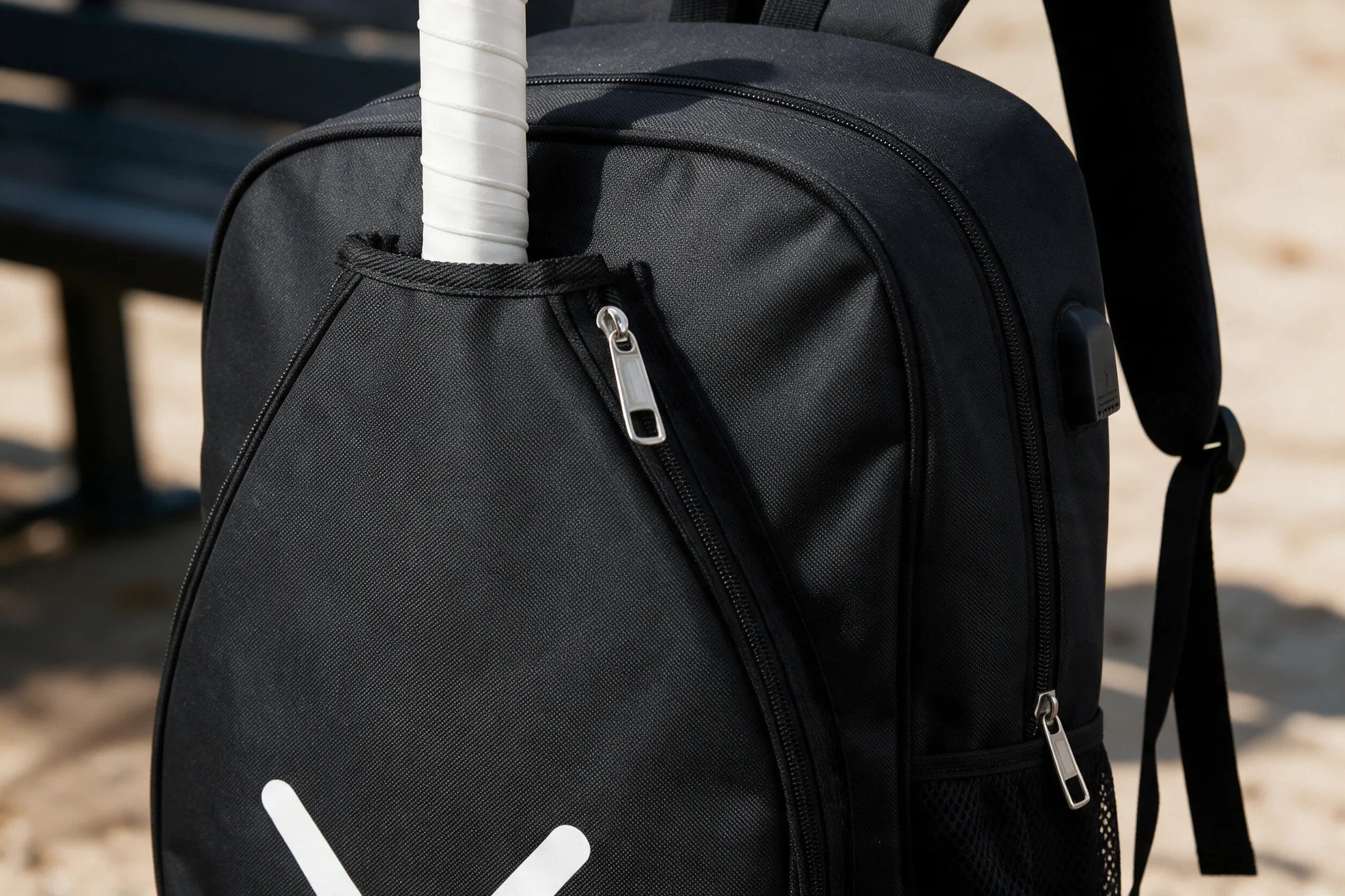 Ambientação aproximada do bolso frontal e do zíper da bolsa preta