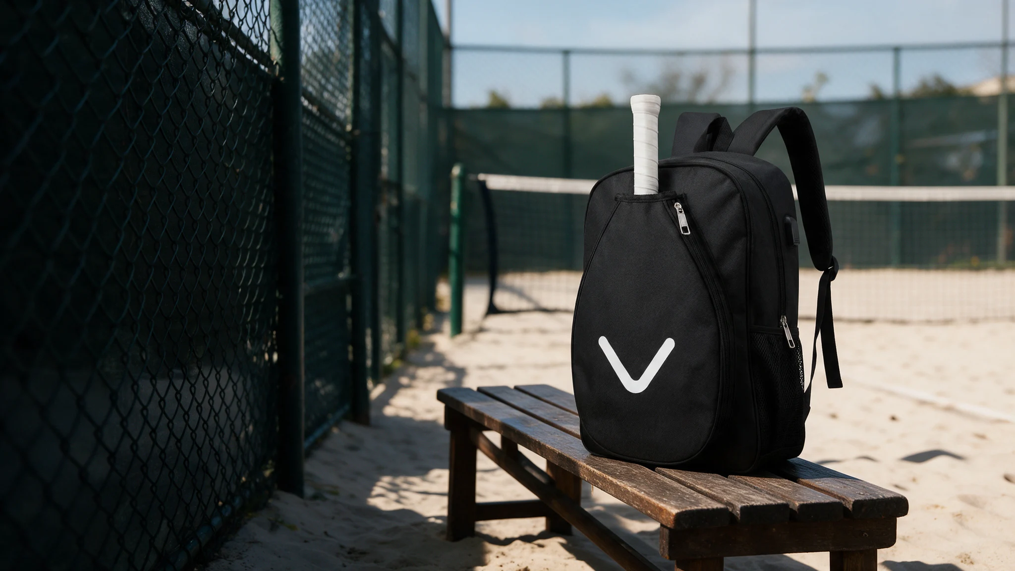 Bolsa de beach tennis preta sobre um banco à beira da quadra
